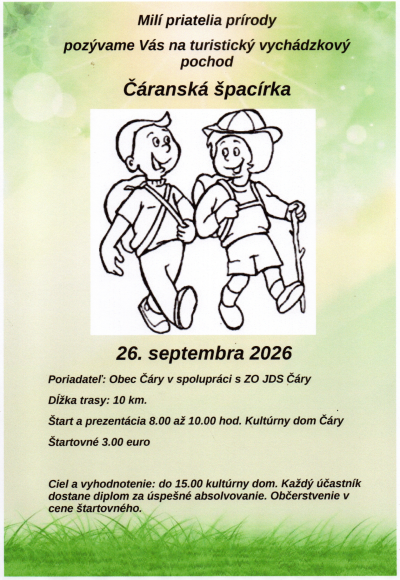 Čáranská špacírka — turistický pochod 26. septembra 2026, štart kultúrny dom Čáry